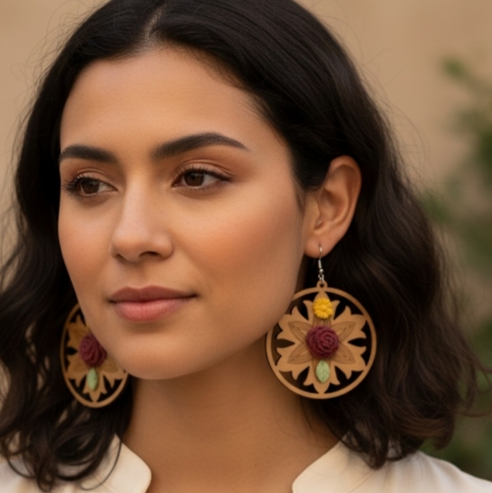 De Blossom Collection Wooden Earrings with Yellow and Purple Floral Design